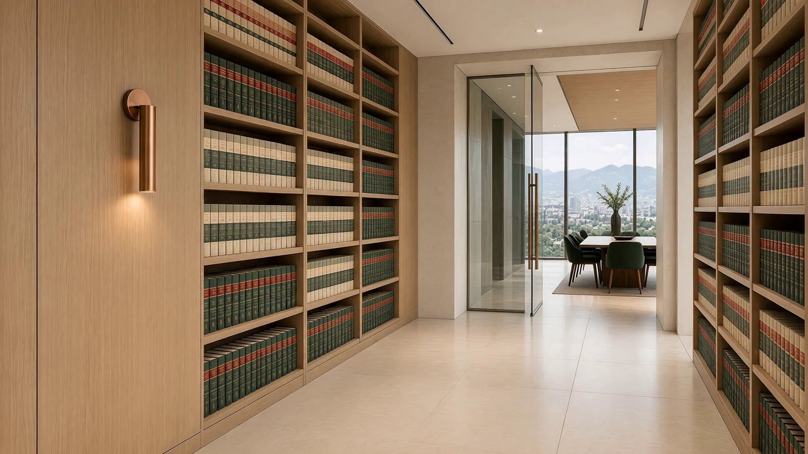 Pasillo de biblioteca jurídica con estanterías de madera clara que lleva a una sala de juntas con vista a la ciudad